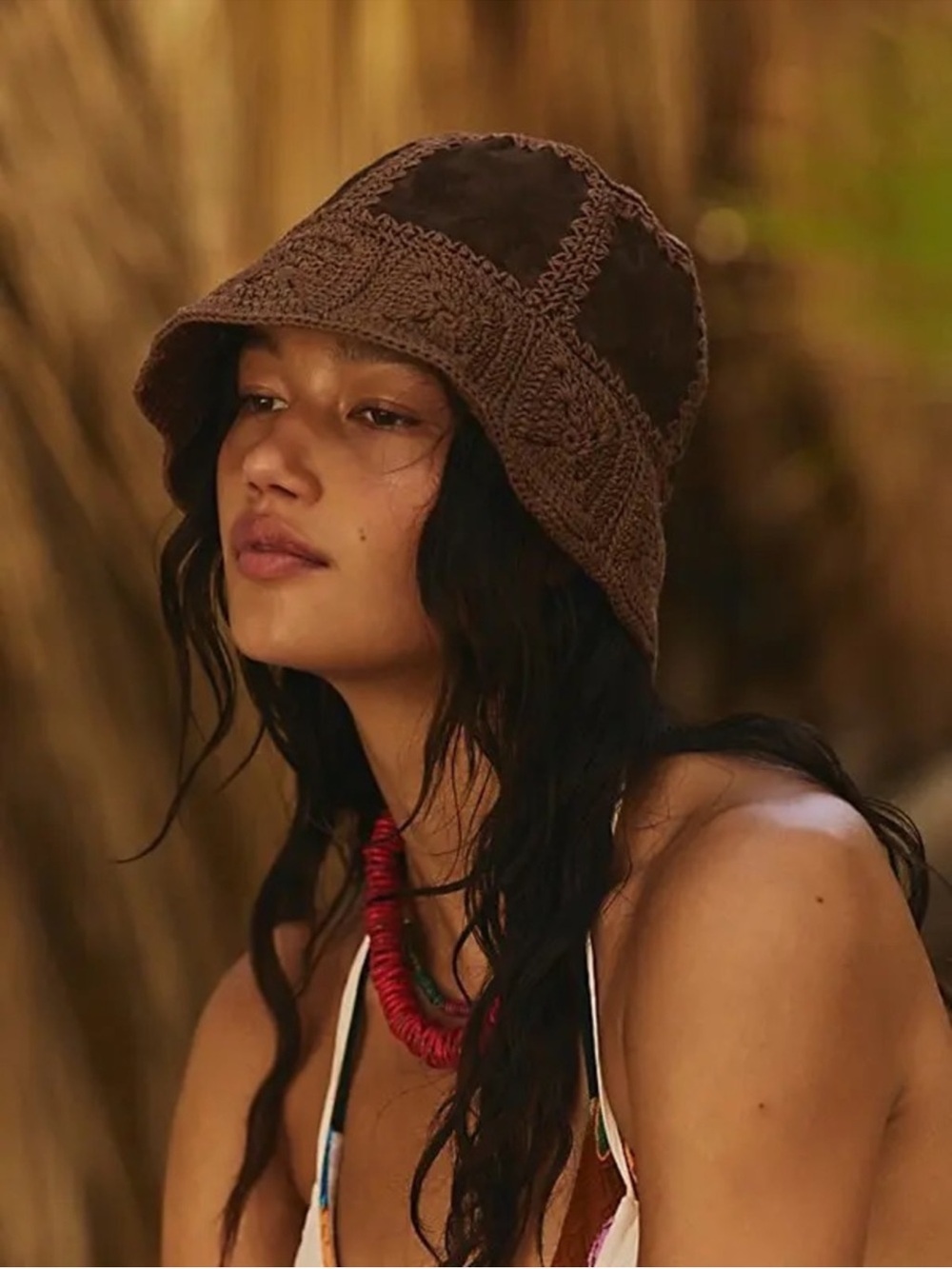 Free People Brown Crochet Patchwork Bucket Hat